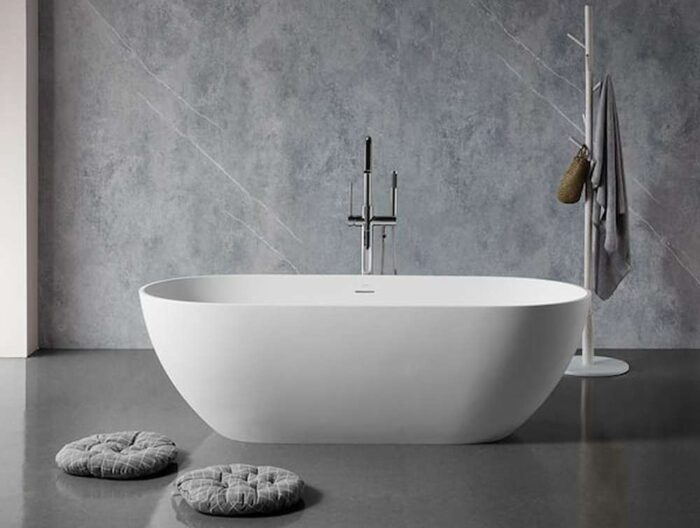 59 in. Stone Resin Flatbottom Solid Surface Freestanding Double Slipper Soaking Bathtub in White with Brass Drain